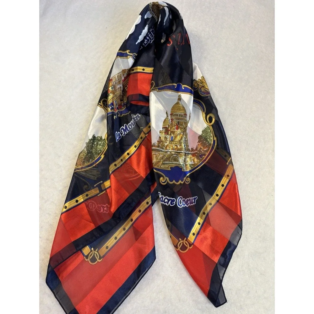 Vintage Paris Souvenir Square‎ Scarf Sheer French Eiffel Tower BOHO Preppy